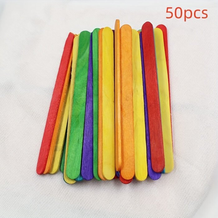 50 Colourful Craft Natural Wood Popsicle Sticks - Image 1