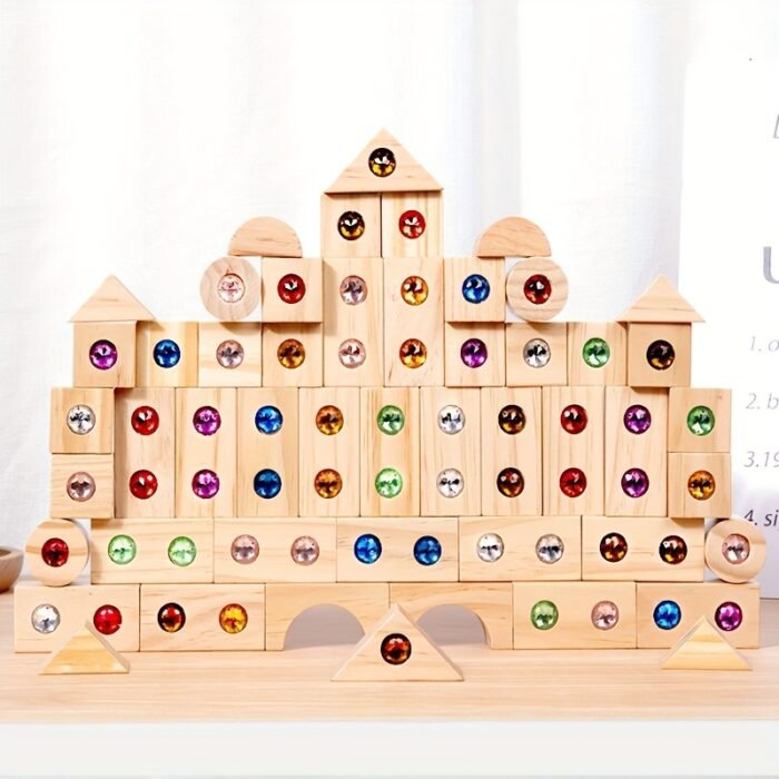 Geometric Wooden Blocks with Acrylic Stones (50pcs) - Image 1
