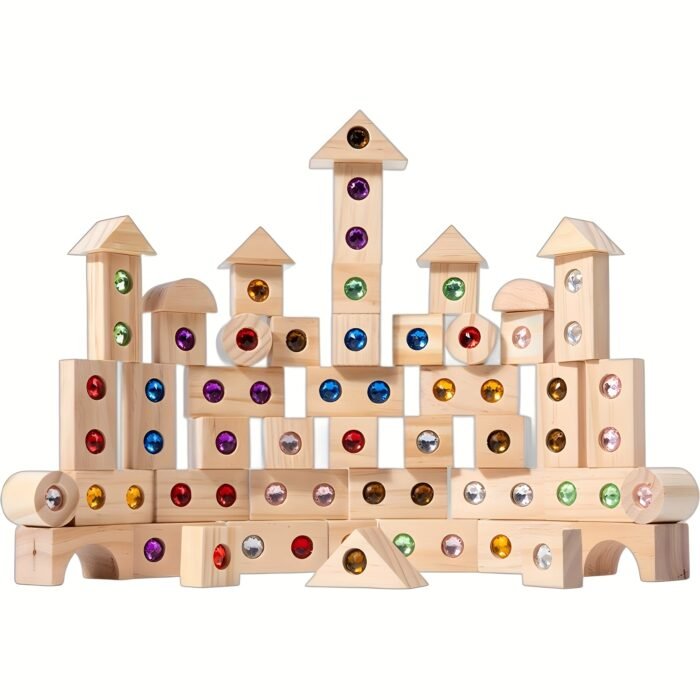 Geometric Wooden Blocks with Acrylic Stones (50pcs) - Image 2