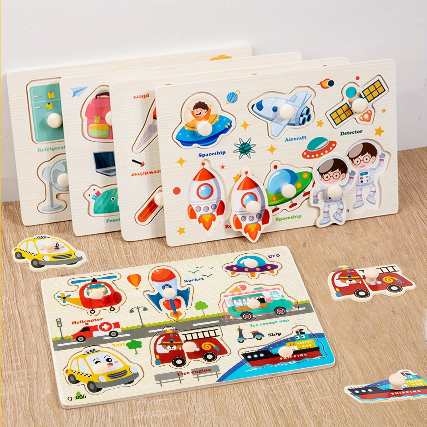 product-fancy-64c3ec0e-df50-471a-953a-de8f7fe569d1 Children’s Transport & Object Wooden Puzzle Set of 4 - Image 1